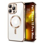 Plugtech TPU Designed for iPhone 15 Pro Max Luxury Electroplating Case [Magnetic MagSafe] [Integrated Lens Protection] Back Cover Case for iPhone 15 Pro Max (Gold)